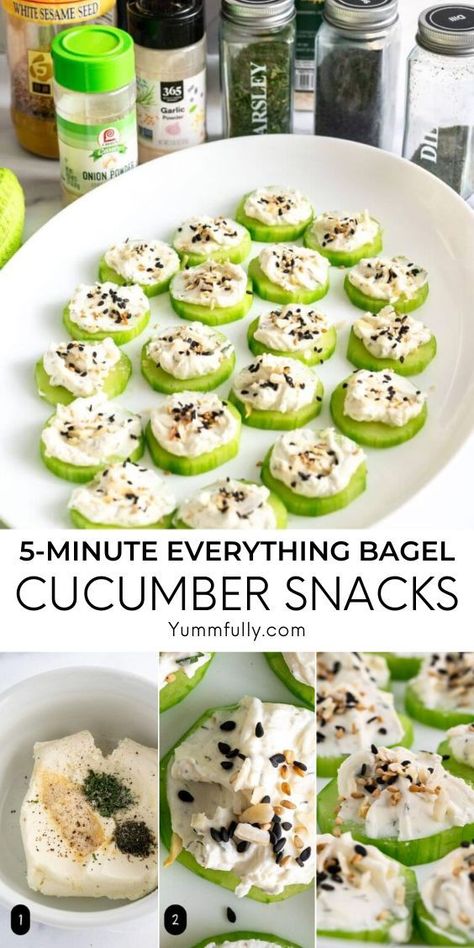 Low-carb 5-minute Everything Bagel Cucumber Snacks are all you need to curve your cravings for something crunchy and satisfying. Cucumber slices, cream cheese, a few dried herbs, and everything bagel seasoning make the perfect snack. You get the crunch without the guilt! Cucumbers With Cream Cheese, Snacks With Everything Bagel Seasoning, Cucumber Everything Bagel, Food Without Carbs, Snacks Without Carbs, Cucumber With Cream Cheese, Cucumber Snack Ideas, Everything Bagel Cucumber, Bagel Cucumber