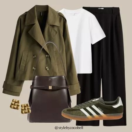 Stylebycocobell on LTK Olive Sneakers Outfit, Short Coat Outfit, Olive Clothing, Casual Luxe, Short Trench Coat, Winter Fashion Outfits Casual, Future Outfit, Outfit Inspiration Fall, Coat Outfits