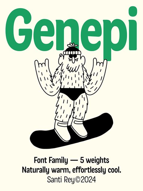 Typeface inspired by the Alps. Its soft edges and gentle curves are like a cozy cabin in the mountains on a winter's day. Naturally warm and effortlessly cool. 5 weights and multilingual support. #type #font #typeface #typedesign #typography #genepi #alps #ski #illustration Logo Doodle Design, Winter Branding Graphic Design, Mountain Typography, Ski Logo Design, Ski Doodle, Ski Branding, Mountains Graphic, Winter Design Graphic, Cool Illustration