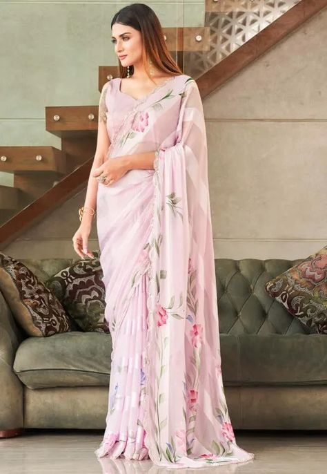 Hand Painted Georgette Brasso Saree in Pink : SFLA859 Formal Pink Georgette Saree, Transitional Season Pink Georgette Saree, Transitional Pink Georgette Saree, Pink Georgette Saree, Farewell Saree, Brasso Saree, Pink Floral Print Pre-draped Georgette Saree, Farewell Sarees, Back Neck Designs