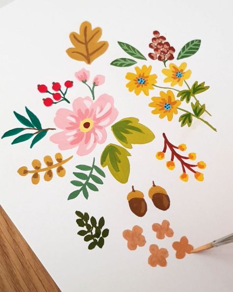 Flowers Painting Gouache, Flower Gouache Illustrations, Easy Flower Painting Gouache, Gouache Plants Illustrations, Gouache Floral Pattern, Gouache Flowers, Gouache Tutorial, Doodle Art Flowers, Easy Flower Painting