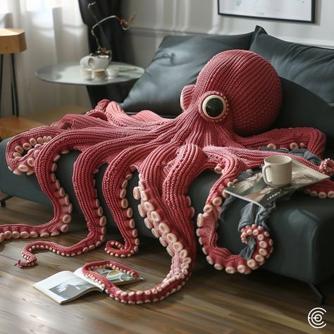 Introducing the Octopus-Inspired Knitted Couch Blanket, a cozy and whimsical addition to your home. Crafted from ultra-soft yarn, this blanket features intricate, tentacle-like extensions that mimic the elegance of an octopus. Perfect for chilly evenings, it offers both warmth and a touch of marine magic to your living space. Conceptual AI Art Follow @ecosapiens for more! Crochet Octopus Blanket, Crochet Couch, Crochet Octopus Free Pattern Chunky Yarn, Crochet Tentacles, Amigurumi Octopus, Octopus Craft, Blanket Octopus, Most Creative Halloween Costumes, Knit Coaster