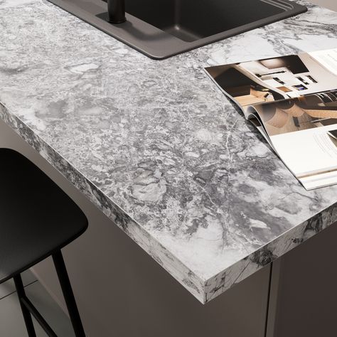 A large-scale, impressive showstopper of marble. This decor features a bright white background with a rich deep grey veining pattern. It is an ideal worktop to pair with dark grey and black kitchens as well as lighter decors. #white #iceberg #marble #whiteicebergmarble #square #edge #squareedge #finesse #worktops #finesseworktops #worktop Marble Square, Bright White Background, Marble Kitchen, Kitchen Marble, Deep Gray, Black Kitchens, Dream Kitchen, Light Decorations, Bright White