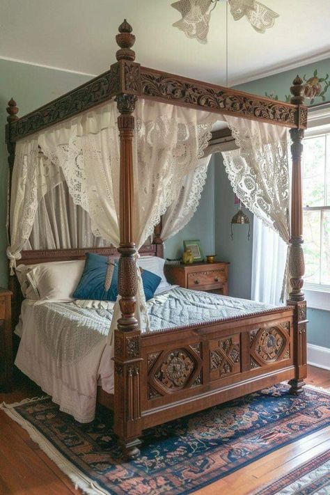 Bed On The Floor Ideas, House Theater, Four Poster Bed Frame, Wooden Canopy Bed, Canopy Bed Ideas, Bedroom 2023, Wood Canopy Bed, Victorian Bed, Sofa Design Wood