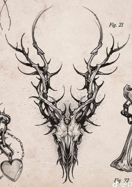 Hawkhatesyou Tattoos, Haunting Tattoos Beautiful, Deer Skull Back Tattoo, Deer Horns Tattoo, Bone Back Tattoo, Soft Goth Tattoo, Dark Creepy Tattoos, Creepy Tattoo Stencil, Fine Line Gothic Tattoo