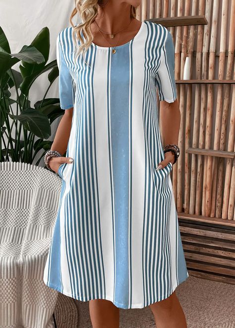 Pocket Striped Light Blue Round Neck Shift Dress | Rotita.com - USD $31.98 Ladys Dresses, Dresses With Tennis Shoes, Dressmaking Patterns, Knee Length Dresses Casual, Geometric Clothing, New Blouse Designs, Short Sleeve Shift Dress, Light Blue Shorts, Dress Making Patterns