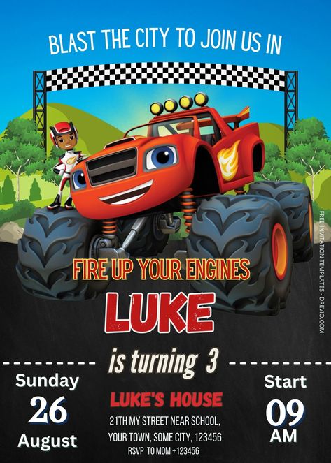 Blaze And The Monster Machines Invitation, Blaze Birthday Invitations Free Template, Blaze Invitations Template, Blaze Birthday Invitations, Blaze And The Monster Machines Birthday Invitations, Blaze 3rd Birthday Party Ideas, Blaze And The Monster Machines Birthday Decorations, Blaze Party Ideas, Blaze Monster Truck Party Ideas