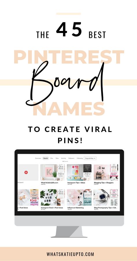 Creating Pinterest SEO Pinterest Board Names is super importatnt to grow a Pinterest account fast. In this post I cover why you should carefully choose your Pinterest Board names and how this will help you create viral pins and produce a bunch of blog traffic. #pinteresttips #pinterestboardnames pinterest tips, blogging tips Names For Pins On Pinterest, Boards Names Pinterest, Wedding Pinterest Board Names, Cute Board Names Pinterest, Names For Pinterest Boards, Katie Grazer, Seo Pinterest, Ecommerce Startup, Pinterest Board Names