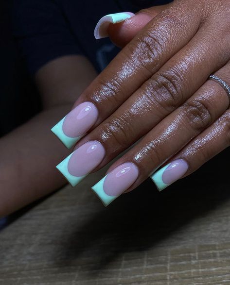 Turquoise Nails Acrylic French Tips, Short Square Acrylic Nails Teal, Cyan French Tip Nails, Mint Green Nails Short, Short Turquoise Nails, Short Teal French Tip Acrylic Nails, Mint French Tip Nails, Mint Green Nails French Tip, Mint Green French Tip Nails