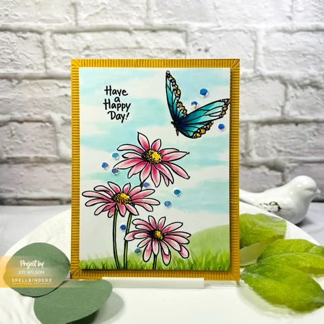 New Spellbinders and Stampendous Hello Butterfly - Joy Wilson Ink Stampendous Stamps, Butterfly Stamp, Have A Happy Day, Copic Coloring, Circle Design, Scrapbook Paper Crafts, Copic, Acrylic Block, Spring Collection