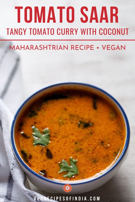 This Maharashtrian recipe of tomato saar is a bit like tomato soup. The curry has a soup-like consistency but is tangy and also made with coconut. Try serving this easy Indian dish with steamed rice or as a side with a vegetable stir fry dish. You'll love it! #vegan #vegetarian #Maharashtrian #dinner #curry #Indianfood Indian Tomato Recipes, Tomato Saar Recipe, Tomato Curry Indian, Tomato Curry Recipe, Maharastrian Recipes, Tomato Ideas, Marathi Recipes, Rajasthani Recipes, Vegetarian Curries