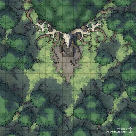 The small, rural village of Stanlow has dealt with the forest spirit of the Langwaki Wood for years now. It brings the other creatures of the forest to heel and demands sacrifices of livestock twice yearly, lest the woods become inhospitable for hunters. #battlemap #free #forest #altar #dnd #leshen #leshy #druid #magic #dungeonsanddragons #pathfinder #dungeon #ttprg #coven Ttrpg Design, Underground Dungeon, Forest Village, Forest Map, Village Map, Dnd World Map, Fantasy World Map, Dungeon Master's Guide, Dnd Dragons