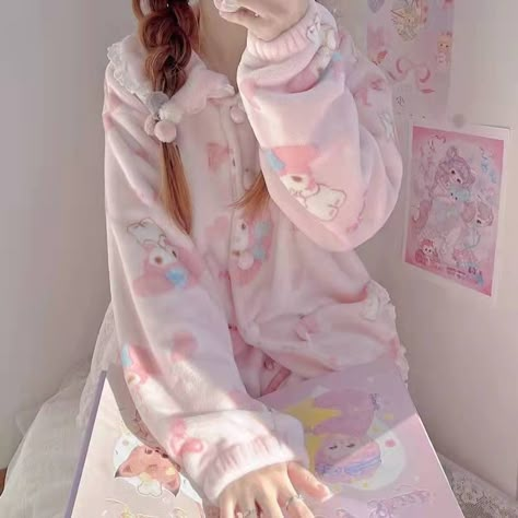 My Melody Inspired Pink Flannel Plush Pajama Set Kawaii Cute – PeachyBaby My Melody Pajama Set, Sanrio Pajamas Aesthetic, Kawaiicore Pajamas, My Melody Onesie, Cutecore Pajamas, My Melody Pjs, Pink Kawaii Clothes, My Melody Inspired Outfit, My Melody Things