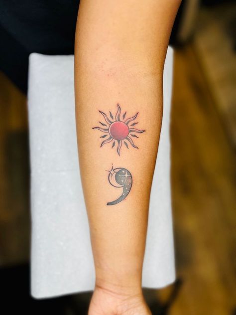 Phoenix Semi-colon Tattoo, Semi-colon Tattoo Sun Moon, The Giver Tattoo, Sun Moon Semi Colon, Semi-colon Tattoo Sun And Moon, Semi-colon Phoenix Tattoo, Moon Semi Colon, Moon Semi-colon Tattoo Ideas, Floral Semi-colon Tattoo Ideas