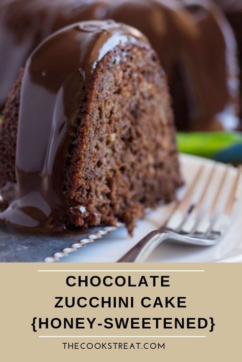 This Honey-Sweetened Chocolate Zucchini Cake is one of my favorite cakes ever. Naturally sweetened with honey, it stays moist and still light and delicious. #TheCooksTreat #honey #chocolate #dessert #zucchini #cake Ganache Glaze, Naturally Sweetened Desserts, Recipe Using Honey, Chocolate Ganache Glaze, Honey Dessert, Lemon And Coconut Cake, Chocolate Zucchini Cake, Honey Chocolate, Baking With Honey