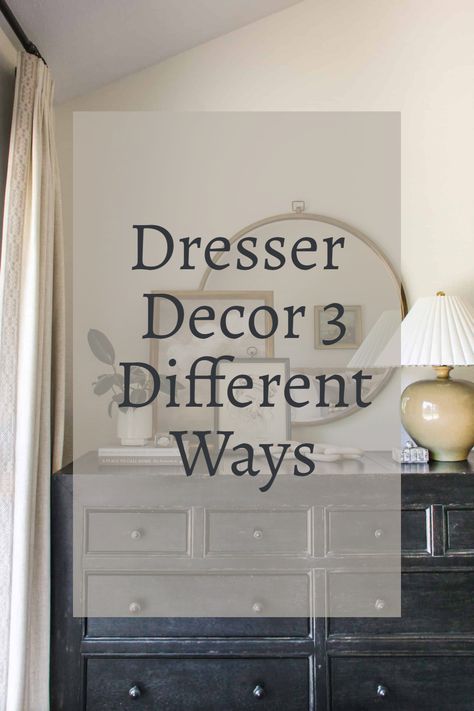 One dresser styled 3 different ways. #primarybedroom #bedroom #interiordesign #styling Decor Ideas For Bedroom Dresser, Decorating Over Bedroom Dresser, Bedroom Bureau Decor Dressers, Bed With Dressers On Each Side, Bedroom Wall Art Above Dresser, How To Decorate Top Of Dresser Bedrooms, Decorate A Dresser Top Master Bedrooms, Off Centered Mirror Over Dresser, Stage A Dresser Top