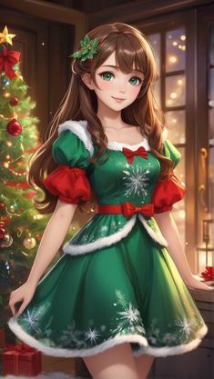 Christmas Fantasy Outfit, Anime Christmas Outfit, Christmas Outfit Drawings, Outdoor Decoration Ideas, Outdoor Christmas Decoration Ideas, Christmas Fancy Dress, Xmas Dress, New Year Art, Christmas Girls