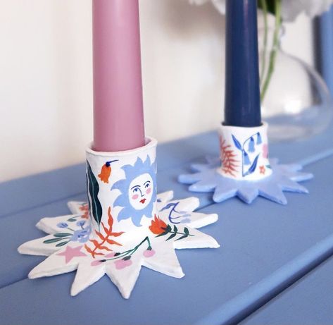 Air Dry Clay Projects Candle Holders, Diy Clay Candle Stick Holder, Air Dry Clay Candle Holder Diy, Clay Candle Holders Diy, Diy Candle Stick Holder, Hand Built Clay, Candle Painting, Clay Candle Holders, Diy Candle Sticks