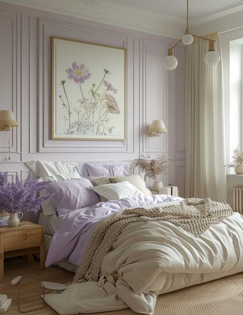 Light Colors Bedroom, Lilac Purple Bedroom Ideas, Bedroom Lilac Walls, Light Lilac Paint Color, Lilac And Green Room, Bedroom Ideas Light Colors, Lilac And Blue Bedroom, Pale Purple Bedroom, Purple And Beige Bedroom