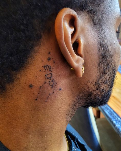 Handpoke tattoo of Virgo's constellation behind the ear on African skin. Virgo Neck Tattoo, Virgo Tattoo Behind Ear, Virgo Element Tattoo, Tattoo Behind The Ear, Virgo Element, Element Tattoo, Tattoo Behind Ear, Virgo Constellation, Virgo Tattoo