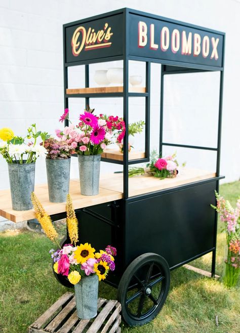 Mobile Flower Cart | Olive's Bloombox Diy Vendor Cart, Mobile Flower Cart, Florist Studio, Craft Market Display, Flower Shop Design, Cut Flower Farm, Cardboard Box Crafts, Garden Cart, Flower Truck