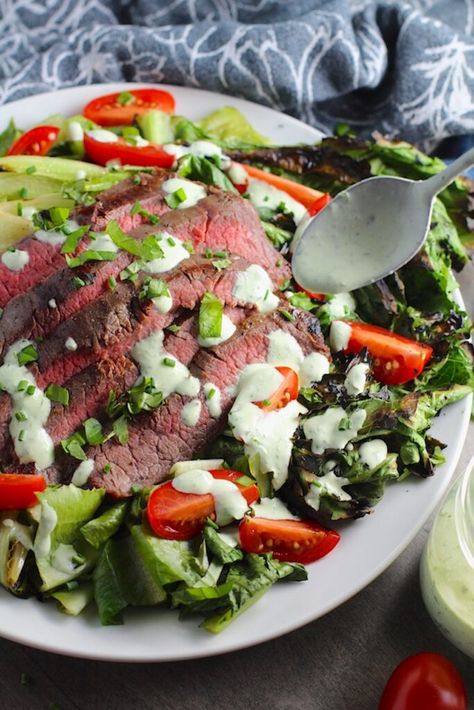 Salad With Basil Dressing, Mom Meal Prep, Recipe With Basil, Flank Steak Salad, Steak Salad Recipe, Caramelized Onions And Mushrooms, Grilled Steak Salad, Easy Spring Recipes, Busy Mom Recipes