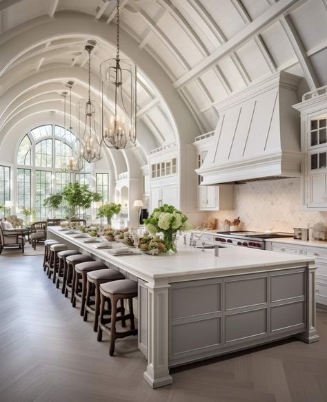 Two Story Kitchen Ideas, Kitchen Ideas Big Windows, Huge Farmhouse Kitchen, Big Open Kitchen, Luxury Farmhouse Kitchen, Hampton Interior, Dream House Ideas Kitchens, Large Kitchens, Mediterranean Kitchen Design