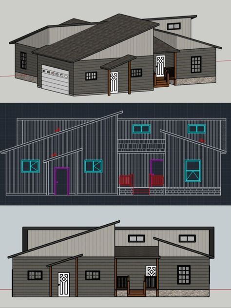 This design had several specific asks from the client: garage must face to the side, single story home, skillion roofs to coordinate with other houses in the area. Check out the second slide to see an alternate roofline! Skillion Roof Design, Lean To Roof, Skillion Roof, Single Story Homes, Ranch Home, House Roof, Roof Plan, Roof Design, Pitched Roof