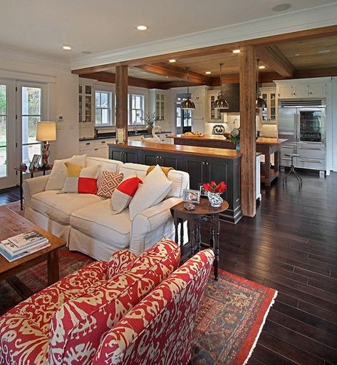 Open Concept Kitchen Living Room, Living Room And Kitchen Design, Open Kitchen And Living Room, Farmhouse Style Furniture, Farmhouse Style Living Room, Contemporary Living Room Design, Bathroom Walls, Open Concept Living Room, Kitchen Design Open