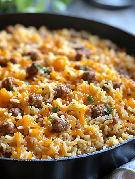 Cheesy Sausage and Rice Sausage Rice Soup, Ground Sausage And Rice, Cheesy Sausage And Rice, Italian Sausage Rice, Sausage Rice Skillet, Sausage And Rice Recipes, Sausage Rice Casserole, Cooked Rice Recipes, Sausage And Rice Casserole