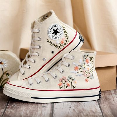 ad eBay - Embroidered Converse High Tops 1970s, Flowers Embroidery Converse, Floral Shoes - Buy Now, click the link (eBay) Cute Converse Custom, Cottage Core Sneakers, Pretty Converse High Tops, Cute Embroidered Converse, Flower Embroidered Converse, Embroidered High Tops, Converse With Embroidery, Painting Converse Shoes, Converse With Flowers