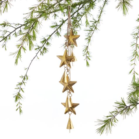 Gold Metal Star And Bell Cluster Ornament - World Market Christmas Tree With Metal Ornaments, Modern Brass Ornaments, Christmas Tree Toppers With Bells, Brushed Brass Ornaments, Brass Christmas Wreath, Brass And Green Christmas, Black And Brass Christmas, Bells In Christmas Tree, World Market Christmas Tree