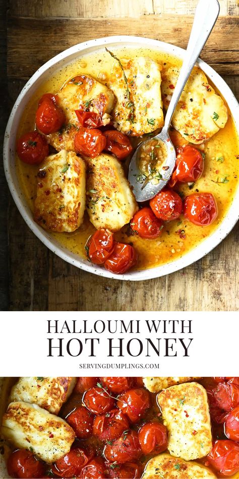 Hot Honey Tomatoes with Halloumi Halloumi And Vegetables, Healthy Semi Homemade Recipes, Oven Baked Halloumi, Salad With Halloumi, How To Cook Halloumi Cheese, Greek Halloumi Recipes, Halloumi Breakfast Recipes, Haloumi Breakfast Recipes, Halloumi Starter