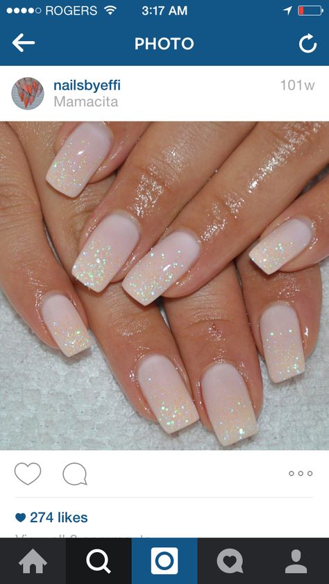 Wedding Nails For Grooms Mother, Natural Sparkle Nails Acrylic, Natural Ombre Nails With Glitter, Nails With Sparkles Accent, Pearl Glitter Nails, Barb Nails, Glitter French Nails, Nails Gel Nails, Simple Gel Nails