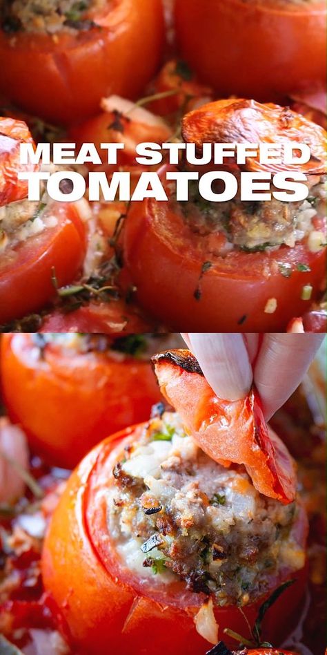 Tomato Recipes Videos, Meat Stuffed Tomatoes, French Stuffed Tomatoes, Dinner Ideas French, Stuff Tomatoes Recipes, Tomato Recipes Dinner, Stuffed Tomatoes Recipes, Tomato Recipes Healthy, Baked Tomato Recipes