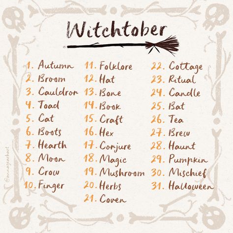 I'm thrilled to share my very own list for #witchtober this year! Starting October 1st, follow along with me and create a daily drawing based on a witch-themed prompt. A bit different from my usual content, I've always wanted to participate in the #inktober or #drawtober challenges. This year, I'm finally committing with a list inspired by the lore and mischief of witchery! The beauty of these drawing challenges is that they're open to interpretation. You can create something simple or comple Witchtober Prompts, Inktober List, Inktober Prompts, Sketchbook Prompts, Drawing Challenges, Monthly Challenges, Art Challenges, Drawing Prompts, Halloween 20