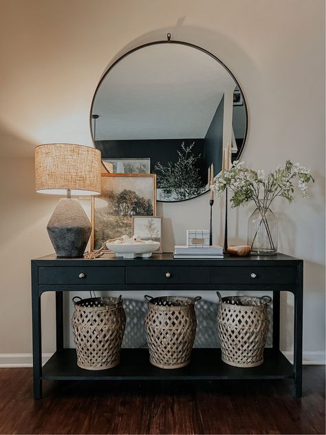 Allen Console curated on LTK Black Console Decor Ideas, Entry Table Vase, Console Table Key Bowl, Lamp On Entry Table, Counsel Table Decor Inspiration, Console Table With Picture Frames, Black Console Table Decorating, Entryway Table Decor Black, Black Entryway Table Decor