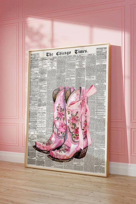 Pink Cowgirl Boots Retro Newspaper Wall Art , Girly Western Print , Aesthetic Room Decor , Cowgirl Boots With Bow , Coquette Girl - Etsy Türkiye Newspaper Wall Art, Retro Newspaper, Coquette Cowgirl, Newspaper Wall, Pink Cowgirl Boots, Nostalgic Aesthetic, Roses Art, Space Cowgirl, Bow Coquette