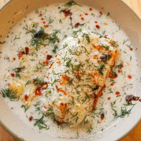 Poached Cod in Coconut Milk with Dill & Lemon Garlic Chili Oil, Poached Cod, Poached Fish, Cod Fillets, Cream Sauce Pasta, Arugula Salad Recipes, Olive Oil Garlic, Butter Pasta, Coconut Sauce