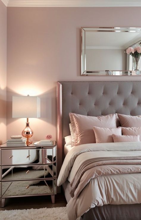 Gray With Pink Bedroom, Pink Gray And White Bedroom Room Ideas Decorative Pillows, Gray And Light Pink Bedroom Ideas, Blush Pink And Gray Bedroom, Pink Room With Gold Accents, Pastel Pink And Grey Bedroom, Grey Rose Gold Bedroom, Rose Pink Bedding, Rose Gold And Grey Bedroom Room Ideas