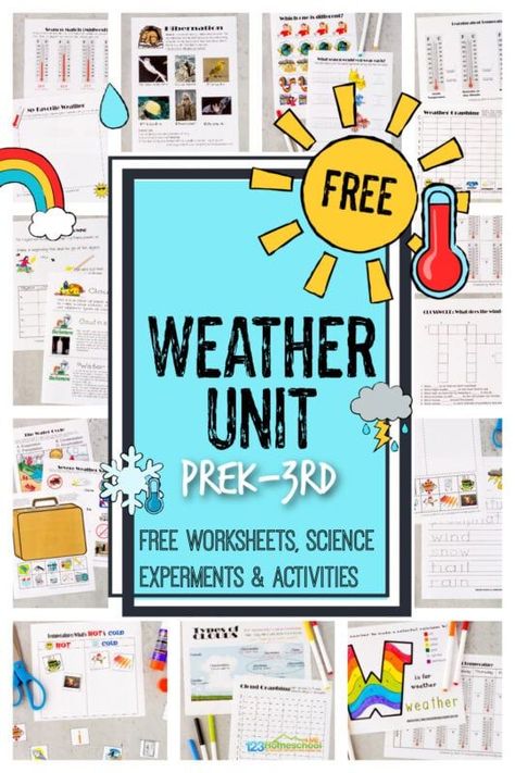 Make teaching kids about weather fun and EASY with this free weather unit. These Weather Worksheets help kids explore a variety of weather topics as well as some weather themed worksheet for early math and literacy too. Use these free weather pintables as preschool, 1st grade, 2nd, grade, 3rd grade, 4th grade and kindergarten weather worksheets. Simply print pdf file with weather worksheets for kids and you are ready to learn! Weather Worksheets For Kids, Weather Lesson Plans, Weather Unit Study, Weather Activities For Kids, Cycle For Kids, Weather Lessons, Weather Worksheets, Solar System Projects, 3rd Grade Math Worksheets