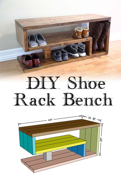 DIY Shoe Rack Bench, Entryway Organizer, Shoe-Rack, Entryway Bench. Visit our website for free plans. #entryway #shoe-rack #bench Diy Shoe Rack Bench, For Shoes Storage, Diy Shoe Rack Ideas, Entryway Diy, Ikea Trones, Diy Bank, Modern Shoe Rack, Diy Rack, Diy Shoe Rack