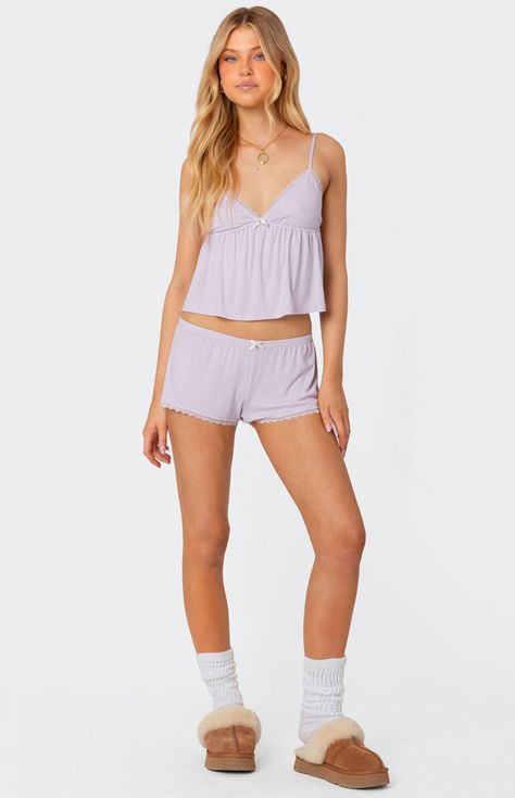 Whether you're lounging around, or on the go, these shorts will fill your heart with sweetness. Wear them with their matching tank, or pair them with a baby tee for ultimate cuteness. Loungewear shorts Lace trimRayon, SpandexModel wears size SModel height is 5'7Item care: Wash with similar color Edikted Womens Buffy Shorts - Purple size XL Edikted Tops, Purple Top Outfit, Babydoll Tank Top, Cute Pajama Sets, Babydoll Tank, Lace Trim Shorts, Cute Pajamas, Loungewear Sets, Loungewear Shorts