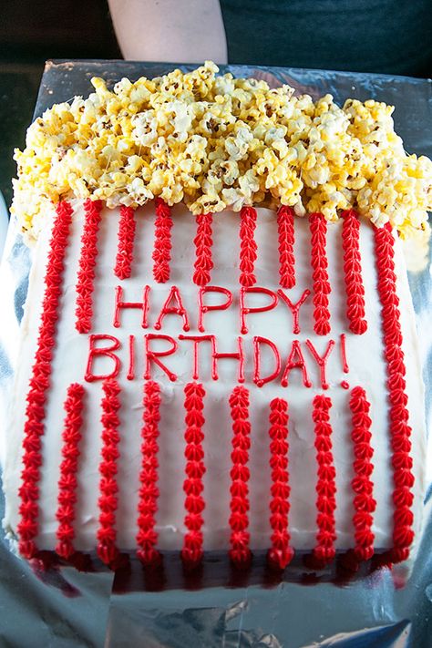 Happy Birthday Lori, Popcorn Birthday, Cake Popcorn, Birthday Movie Night, Popcorn Theme, Birthday Popcorn, Birthday Movie, Backyard Movie Party, Popcorn Cake