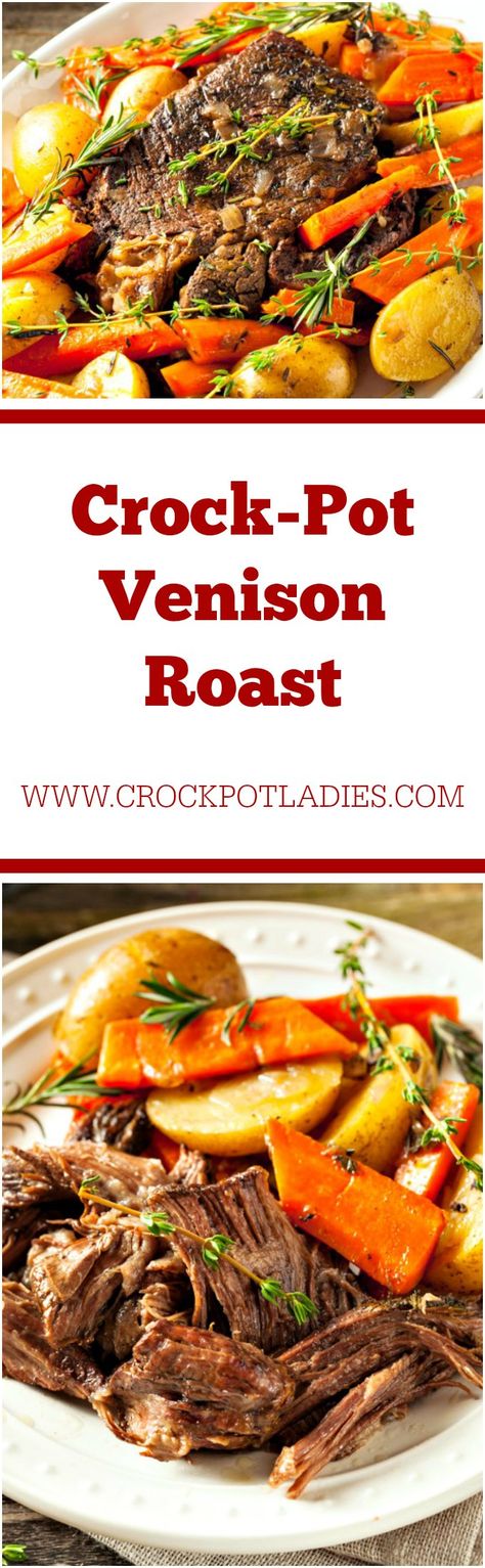 [Video] Crock-Pot Venison Roast - If you have a hunter in the family you are going to love this recipe for Crock-Pot Venison Roast! The venison pot roast & vegetables come out super tender! [Low Fat, Low Sugar & Weight Watchers Friendly!] #CrockPotLadies #CrockPot #SlowCooker #Venison #VenisonRecipes #Dinner #WeightWatchers Dear Roast Recipes Crock Pot, Elk Roast Crock Pot, Crock Pot Venison, Roast Venison Recipes, Deer Roast, Roast Crockpot, Slow Cooker Venison, Venison Roast, Roast Vegetables