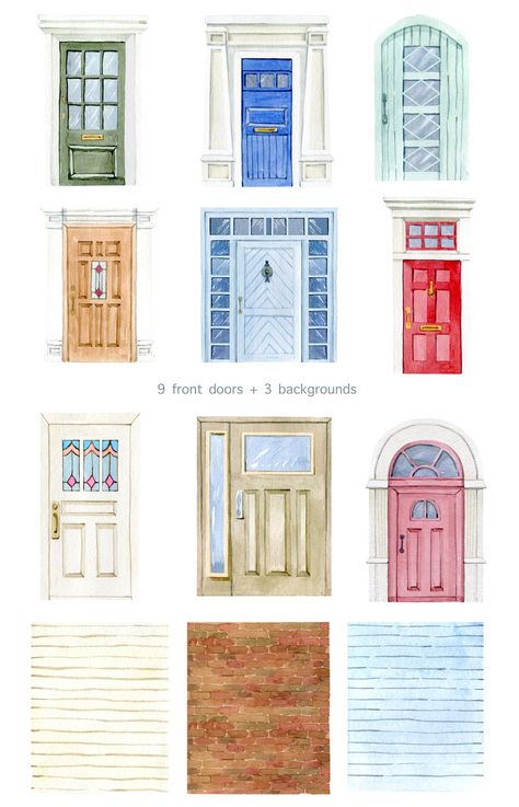 8 Christmas Door Drawing, Christmas Door Illustration, Front Door Drawing, Watercolor Front Door, Winter Sketchbook, Door Watercolor Painting, Holiday Card Front Door, Christmas Front Door Watercolor, Front Door Art