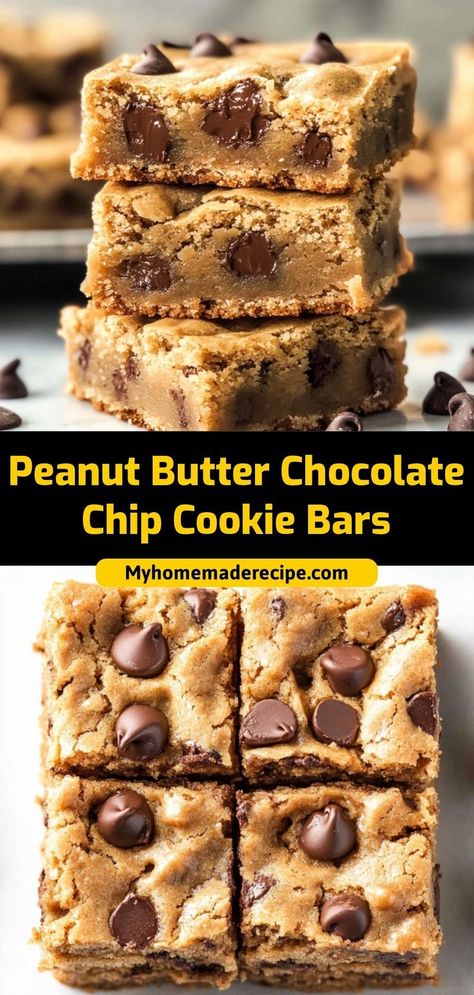 These peanut butter chocolate chip cookie bars are soft, chewy, and loaded with chocolate chips. A deliciously easy dessert! Ingredients: 1 cup peanut butter 1 cup chocolate chips 1 cup flour ½ cup sugar Make these peanut butter chocolate chip cookie bars for a quick and satisfying treat Desserts To Make With Chocolate Chips, Cookie Recipes With Peanut Butter Chips, Choc Chip Peanut Butter Bars, Peanut Butter Chocolate Chip Recipes, Soft Peanut Butter Chocolate Chip Cookie, Cookies Peanut Butter Chocolate Chip, What To Make With Peanut Butter Chips, Desserts With Peanut Butter Chips, Chocolate Chip Peanut Butter Cookies Without Brown Sugar