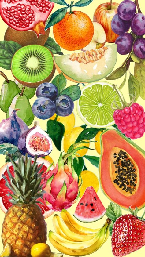 Fruits Wallpaper Aesthetic, Aesthetic Fruit Wallpaper, Summer Prints Wallpaper, Fruit Collage, Wallpaper Purple, Wallpaper Iphone Summer, Iphone Wallpaper Fall, Fruit Wallpaper, Collage Background