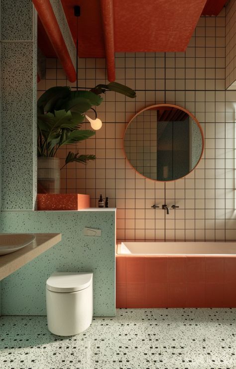 Salle de bain colorée : Nos inspirations de salle de bain design Colorful Restroom Design, Midcentury Pink Bathroom, Bathroom Ideas Color Scheme, 60’s Bathroom, Small Bathroom Color Ideas, Colourful Bathroom Ideas, Colorful Toilet, Retro Bathroom Ideas, 80s Bathroom