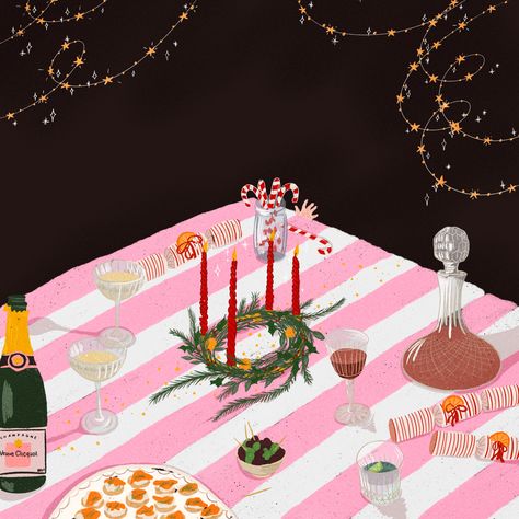 The image is an illustration of a dinner table with a pink and white striped table cloth. In the centre is a wreath with red candles and around are various retro glassware of different drinks. There are also canapés on the table. Above are fairy lights with glowing stars Christmas Party Art, Christmas Table Illustration, Tablescape Illustration, Christmas Food Illustration, Christmas Dinner Illustration, Christmas Dinner Themes, Christmas Drinks Party, Potluck Themes, Homemade Gift Tags